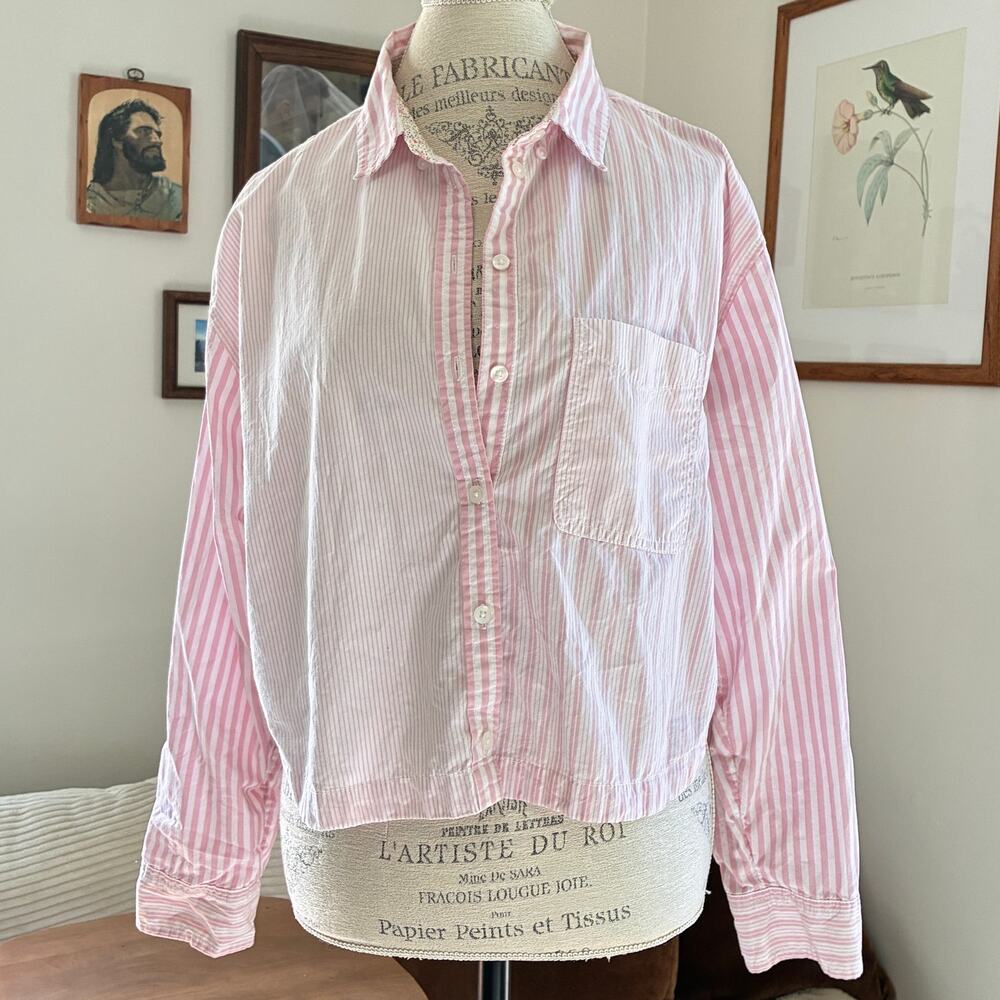 American Eagle Stripe Pink White Striped Button-Down Top Size L